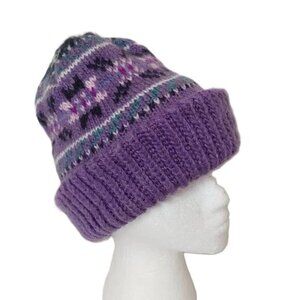 Vintage Aris Purple Knit Hat Fair Isle Beanie One Size Boho Stretch Made in USA